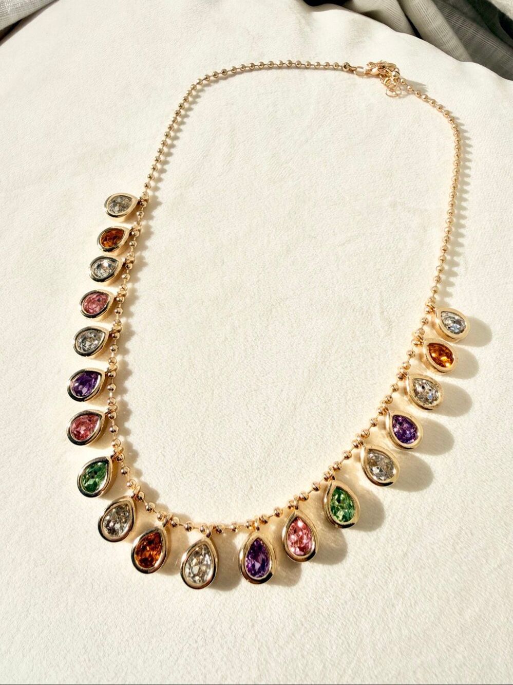 Multicolor CZ Teardrop Charm Necklace Gold Tone Rainbow Statement